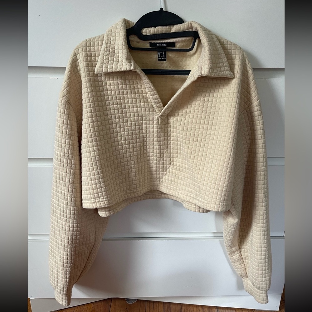 Women’s Cropped Cream Sweater Collared Forever 21 Medium